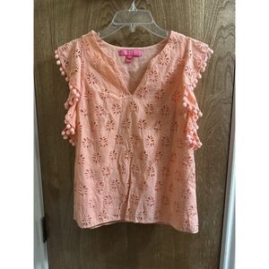 Lilly Pulitzer Astara Top Peach Flamingo Orange Palm Tree Eyelet Pom-Poms XXS